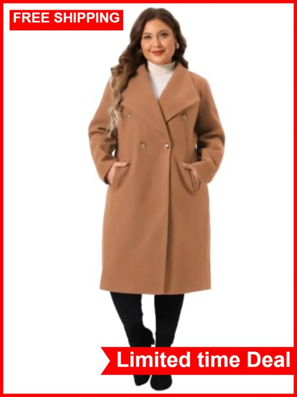 Plus Size Peacoat Overcoat Women Notch Lapel Double Breasted Trench Coat